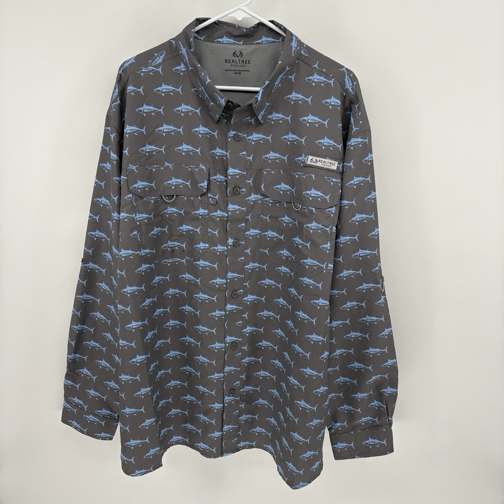 Realtree Fishing Shirt Men 2XL Fish Print Vented Mesh Long Sleeve Gray Blue